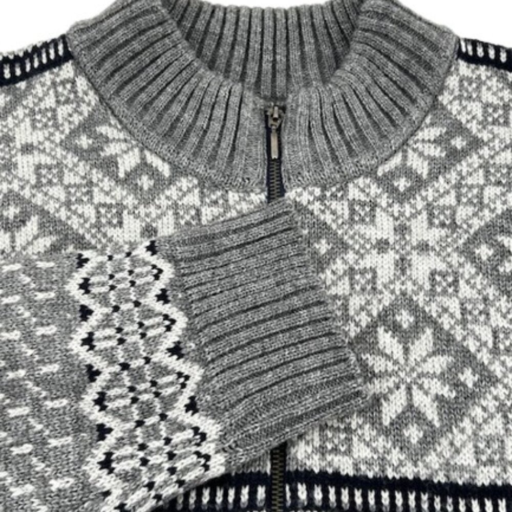 Vintage Men’s XL 100% Wool Nordic Fair Isle Zip Cardigan Sweater Gray Black Knit